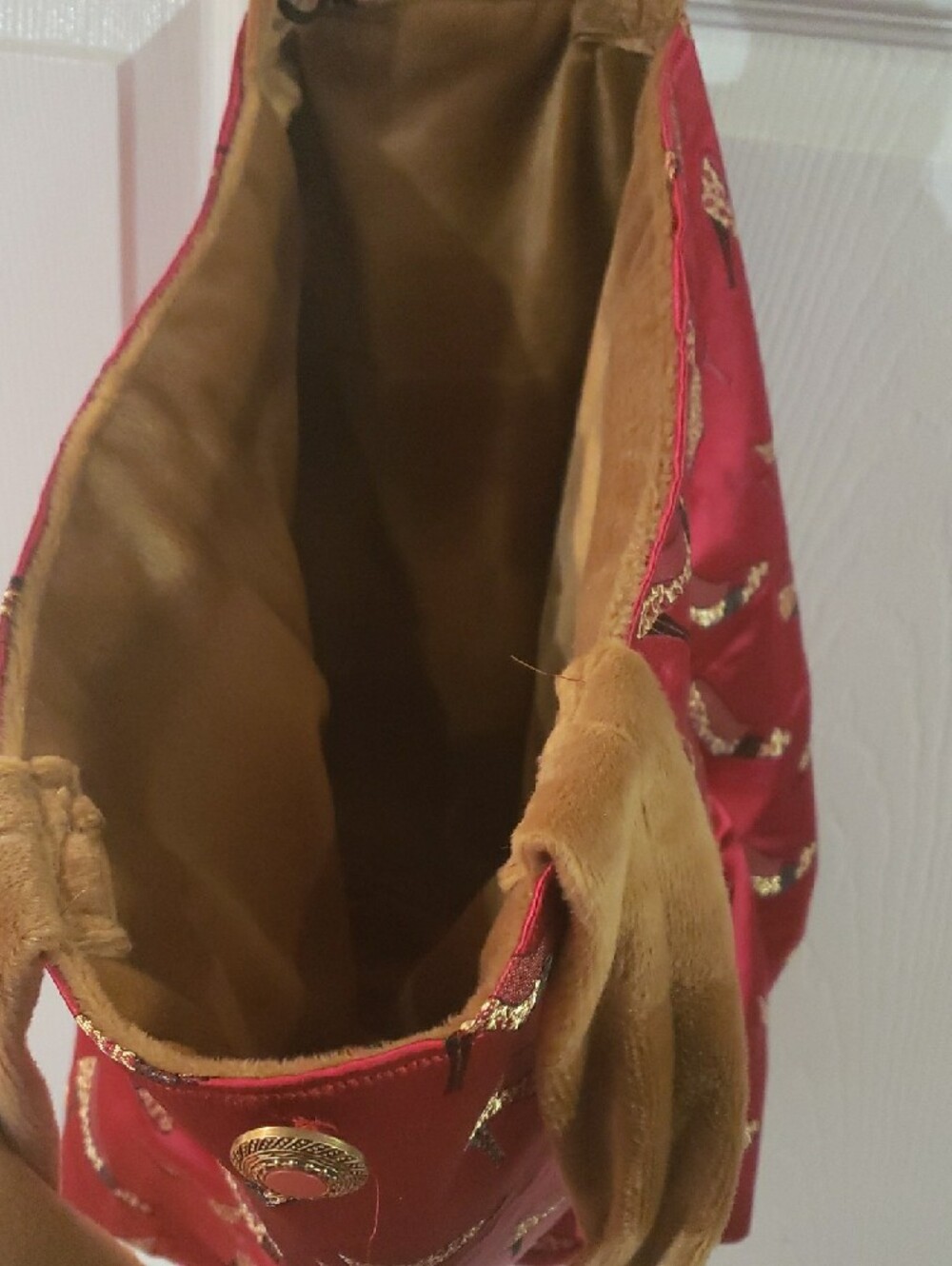 Women’s Red Satin Tote Bag with Gold Shoe Print - Picture 3 of 4